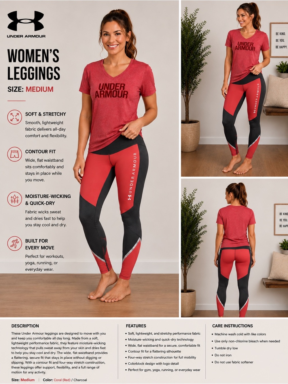 Under Armour Women's Red & Charcoal Colorblock Leggings